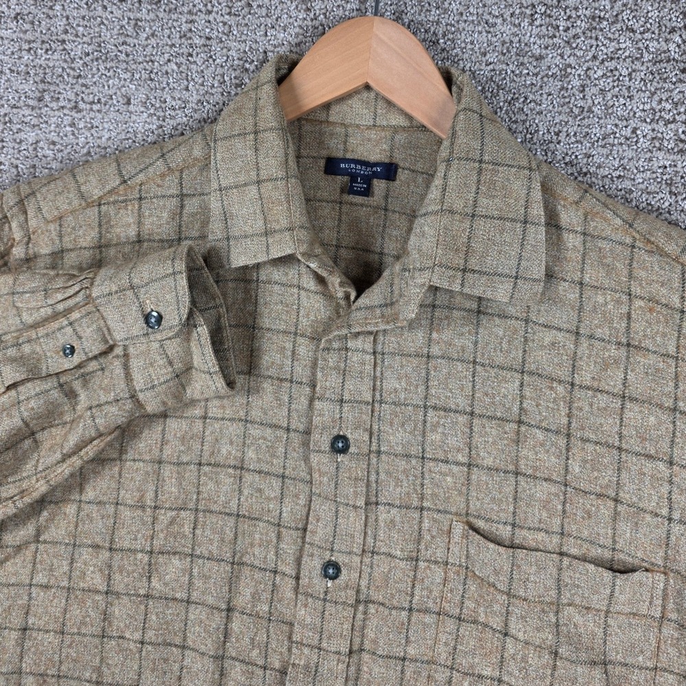 Burberry London Mens Large Brown Tan Windowpane Plaid Flannel Button Down Shirt
